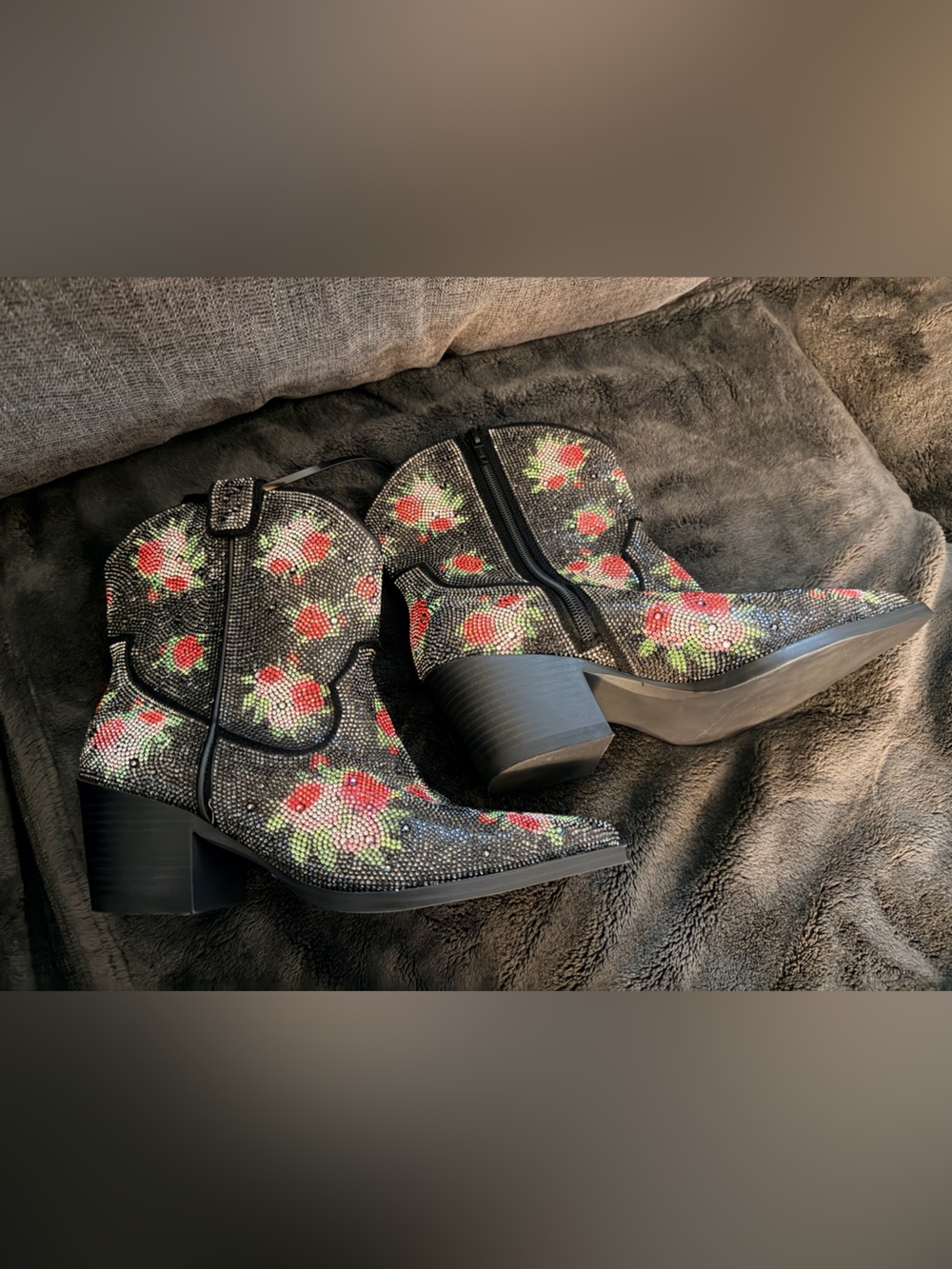 Black Floral Western Ankle Boot with Red Rose Accents - Picture 4 of 7
